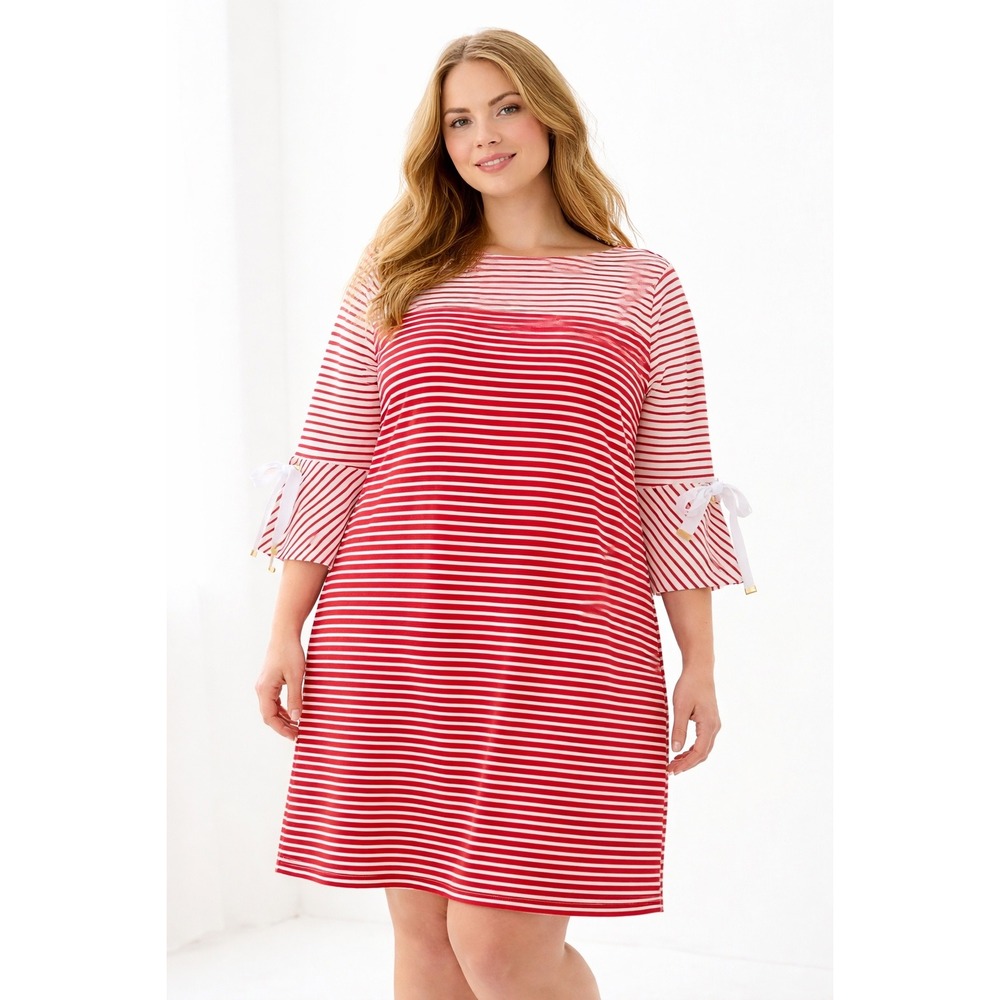 NWT Lauren Ralph Lauren Striped Shift Dress Womens XL Red White Bell Sleeve Tie